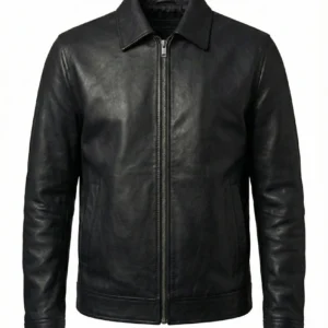 Collared black leather jacket