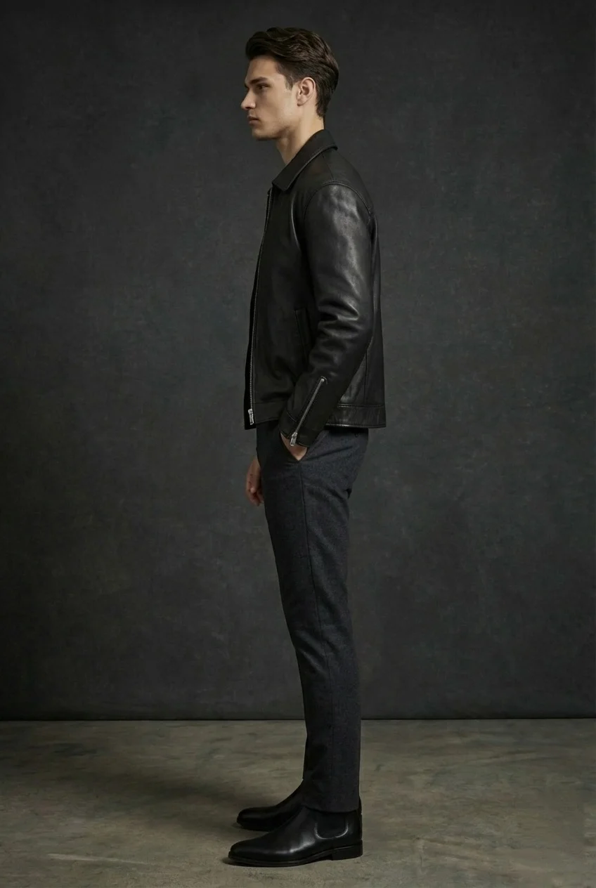 Collared black leather jacket - Image 5