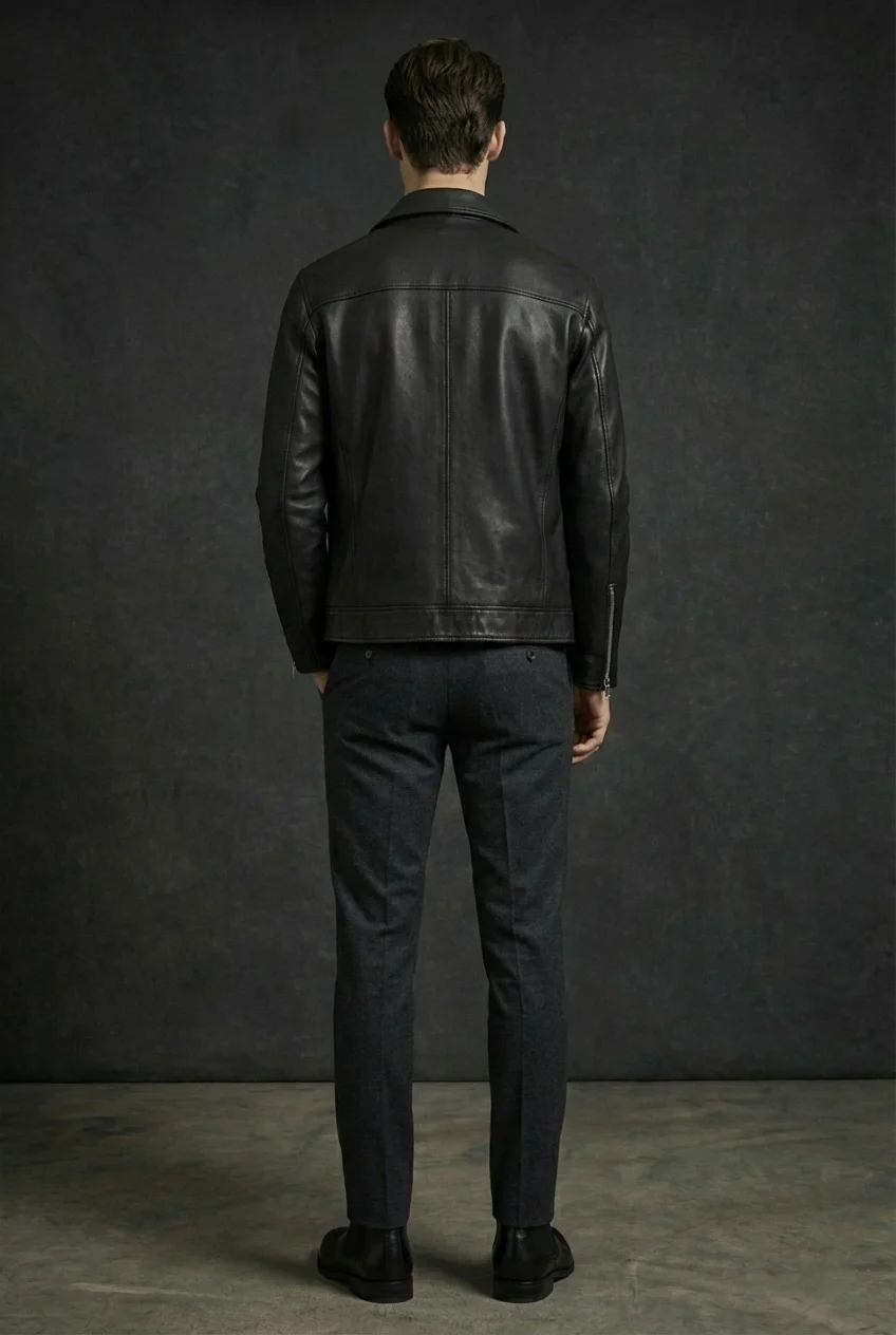 Collared black leather jacket - Image 6