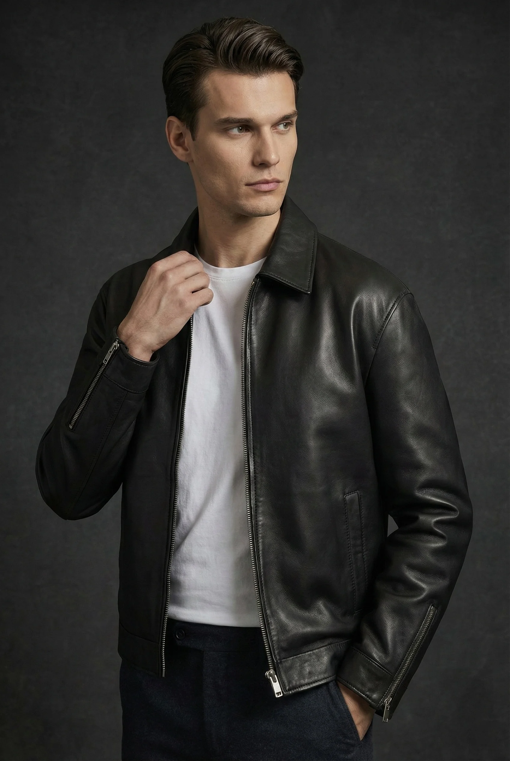 Collared black leather jacket - Image 7