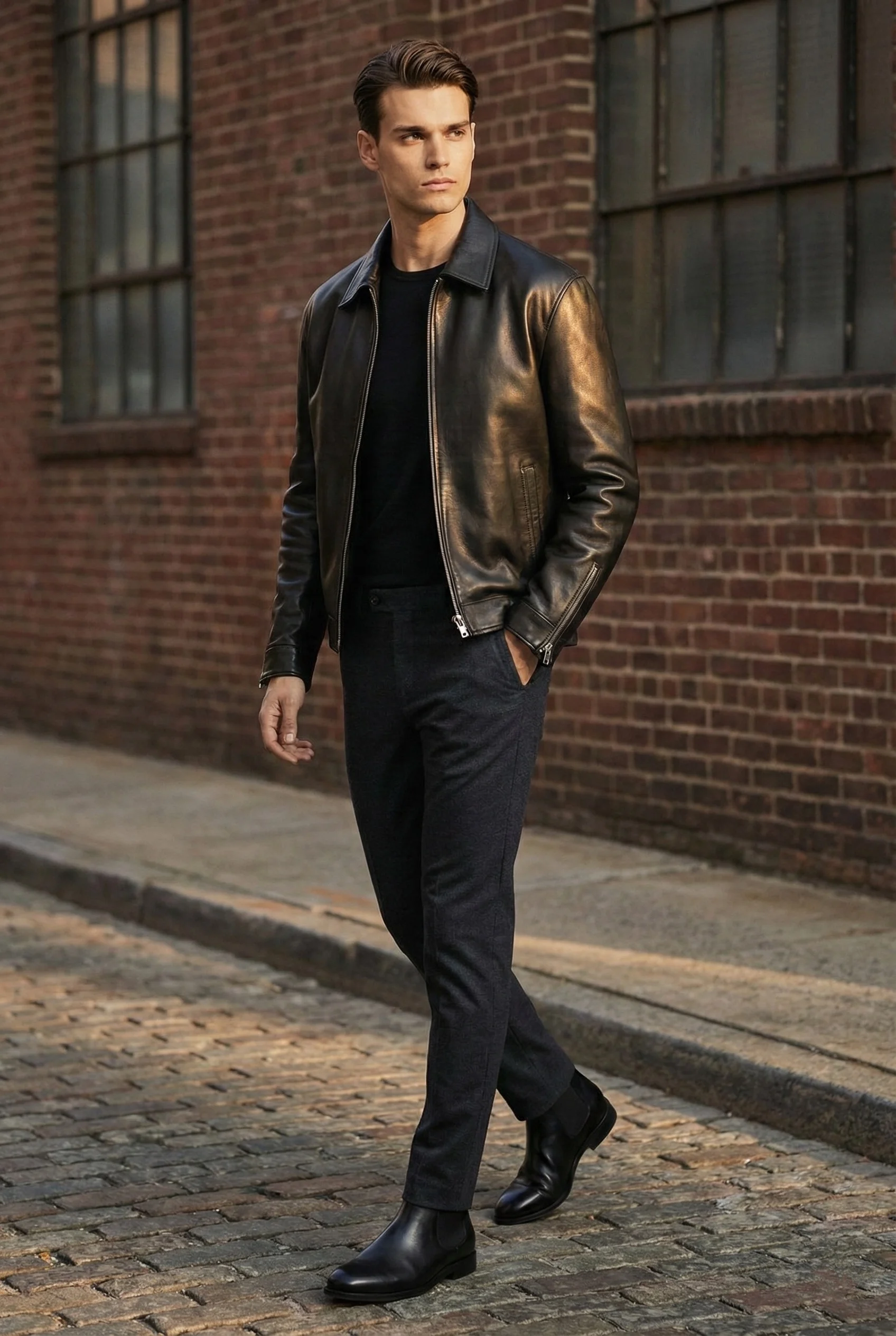 Collared black leather jacket - Image 3