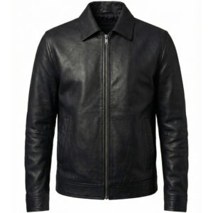 Collared black leather jacket